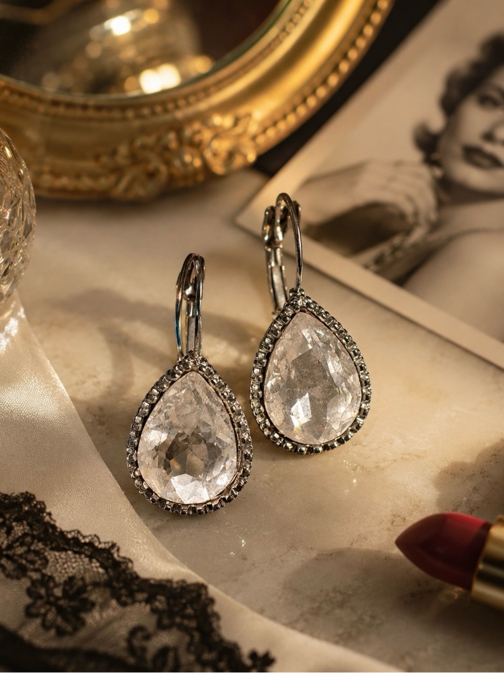 Statement Earrings Crystal Silver Tone Teardrop Vintage Inspired Glam Wedding